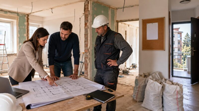 Arhitekta, investitor i izvođač radova pregledaju plan renoviranja u stanu u adaptaciji, pored pripremljenih džakova za građevinski šut