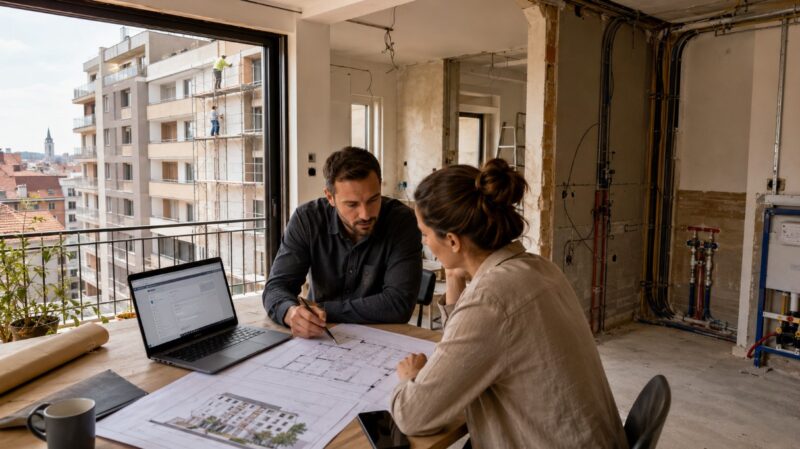 Vlasnici stana i stručnjak pregledaju planove renoviranja i online prijavu radova u prostoru koji se adaptira