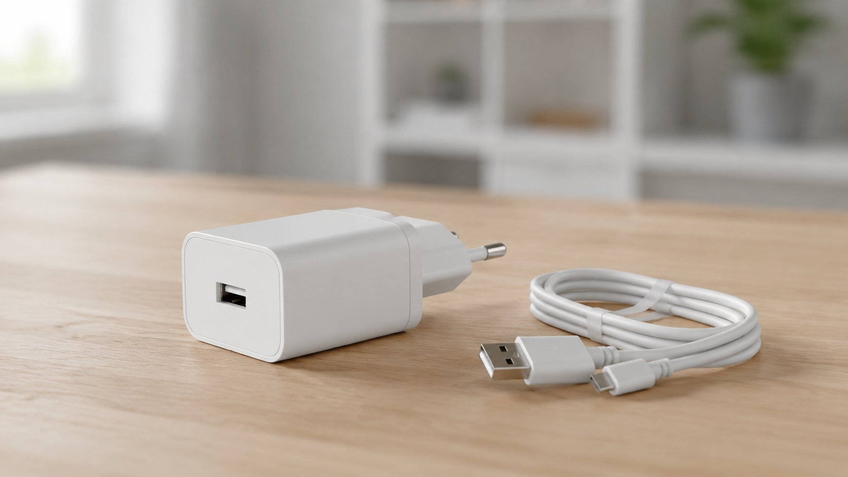 Beli zidni USB adapter i kabl za punjenje mobilnog telefona na drvenoj površini