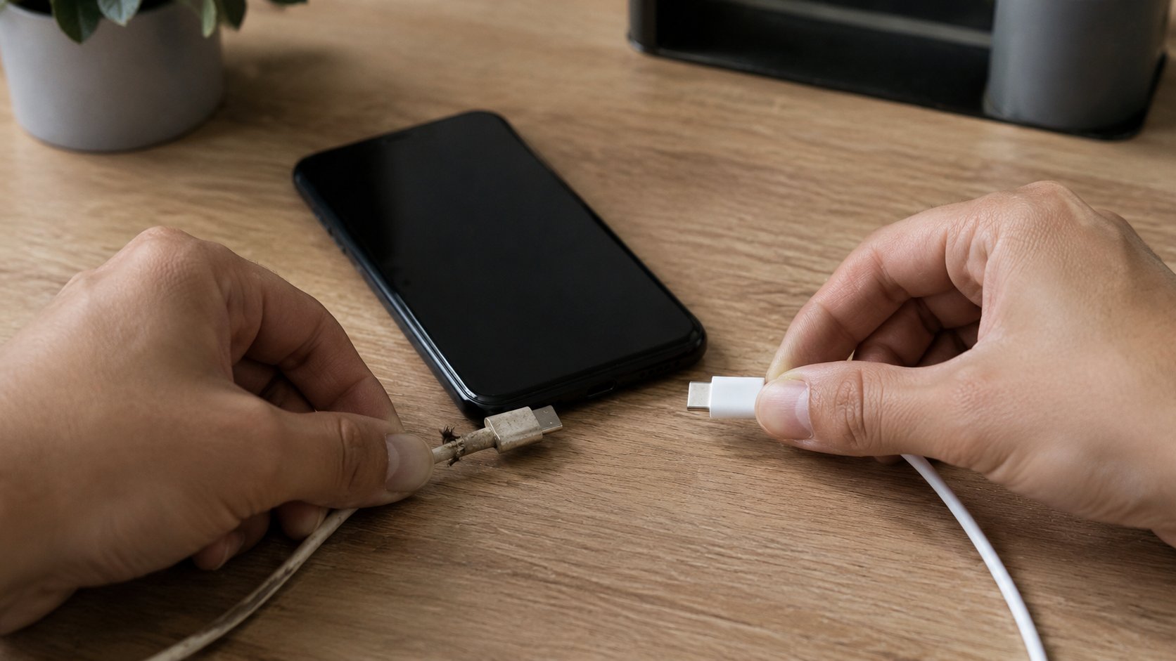 Osoba poredi oštećen i novi USB C kabl pored mobilnog telefona koji se ne puni