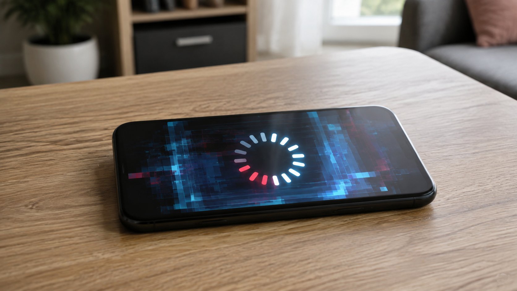 Mobilni telefon na stolu prikazuje simbol usporenog ili privremeno zaustavljenog punjenja