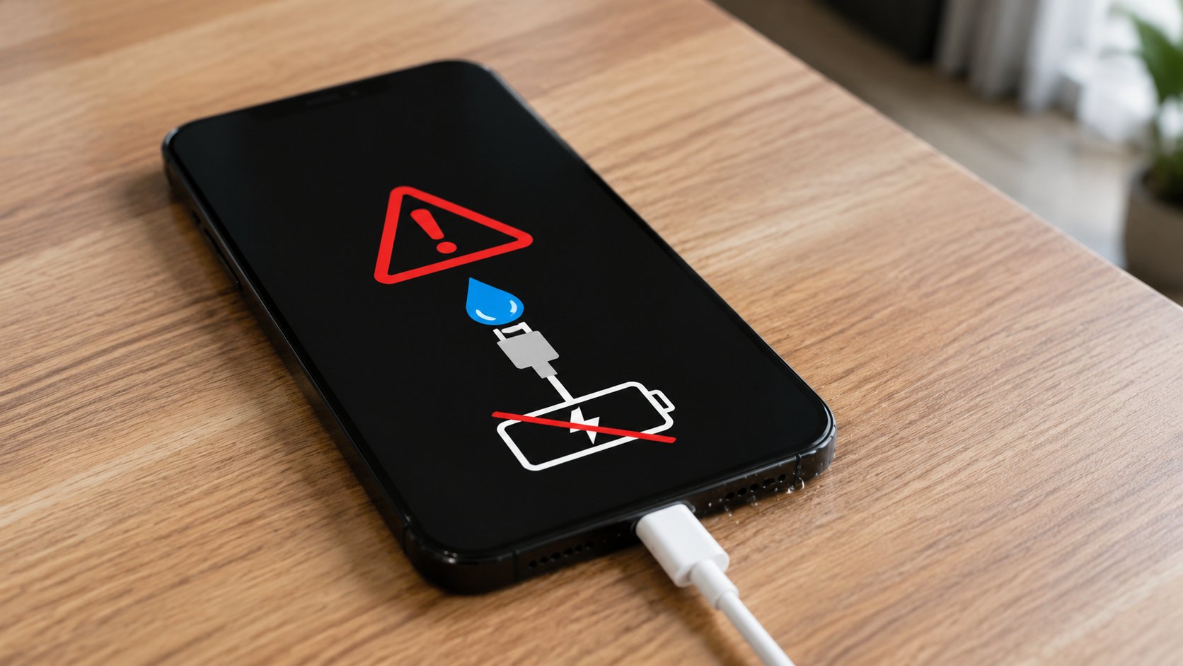 Mobilni telefon priključen kablom prikazuje upozorenje o vlazi u konektoru i zabrani punjenja